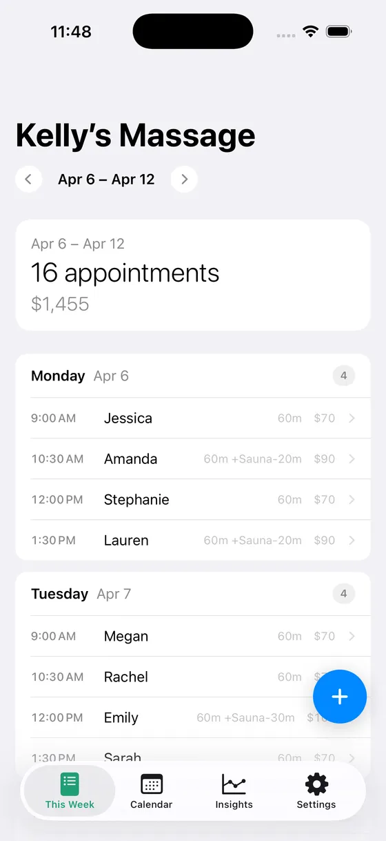 This Week view showing the week's appointments and expected revenue